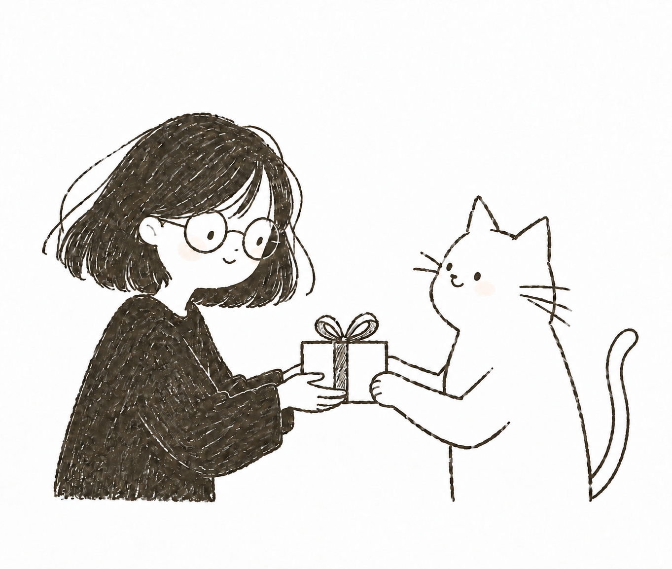 女性が白い猫にプレゼントを手渡しているイラスト